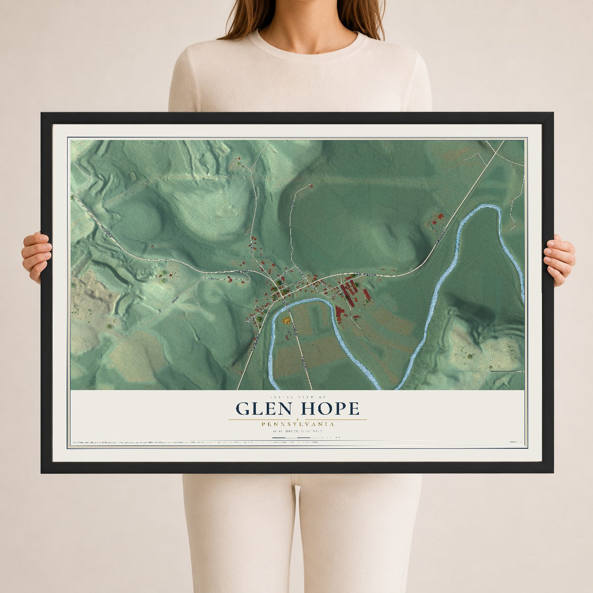 Map of Glen Hope, Pennsylvania, 24 x 36 inch print in a black wood frame