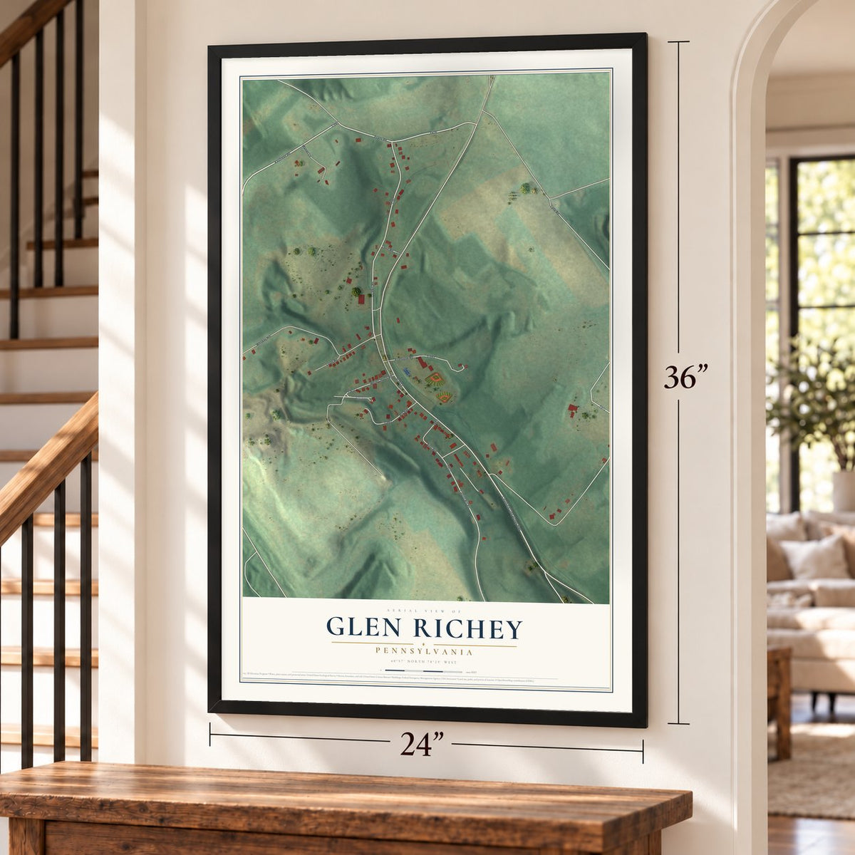 Glen Richey, Pennsylvania map, 24 x 36 inch print in a black frame by a staircase