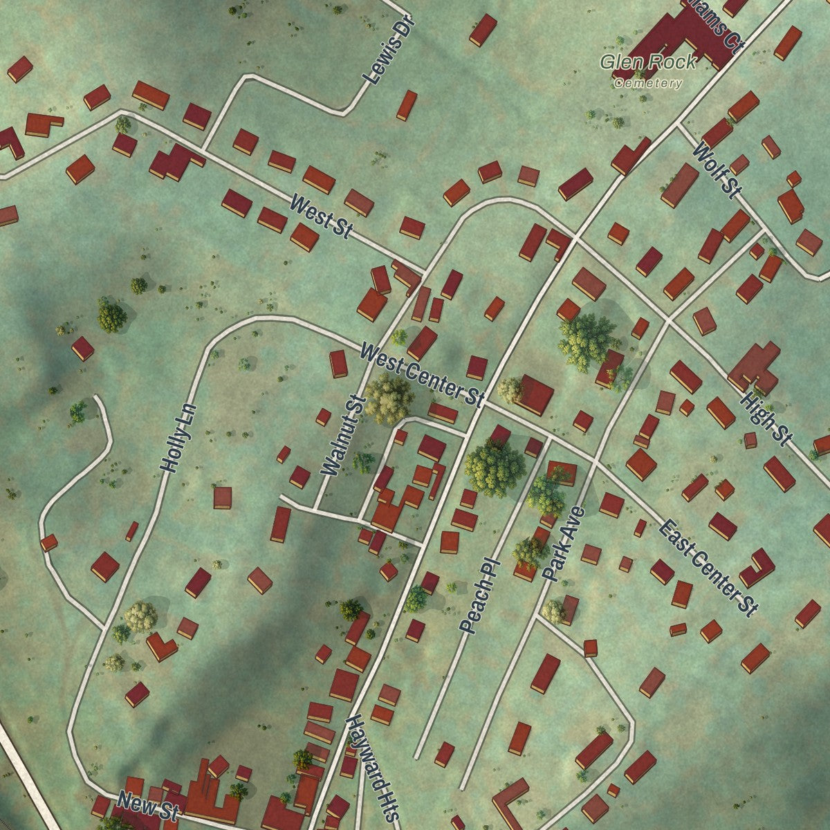 Close-up of the map of Glen Rock, Pennsylvania print showing street and building detail