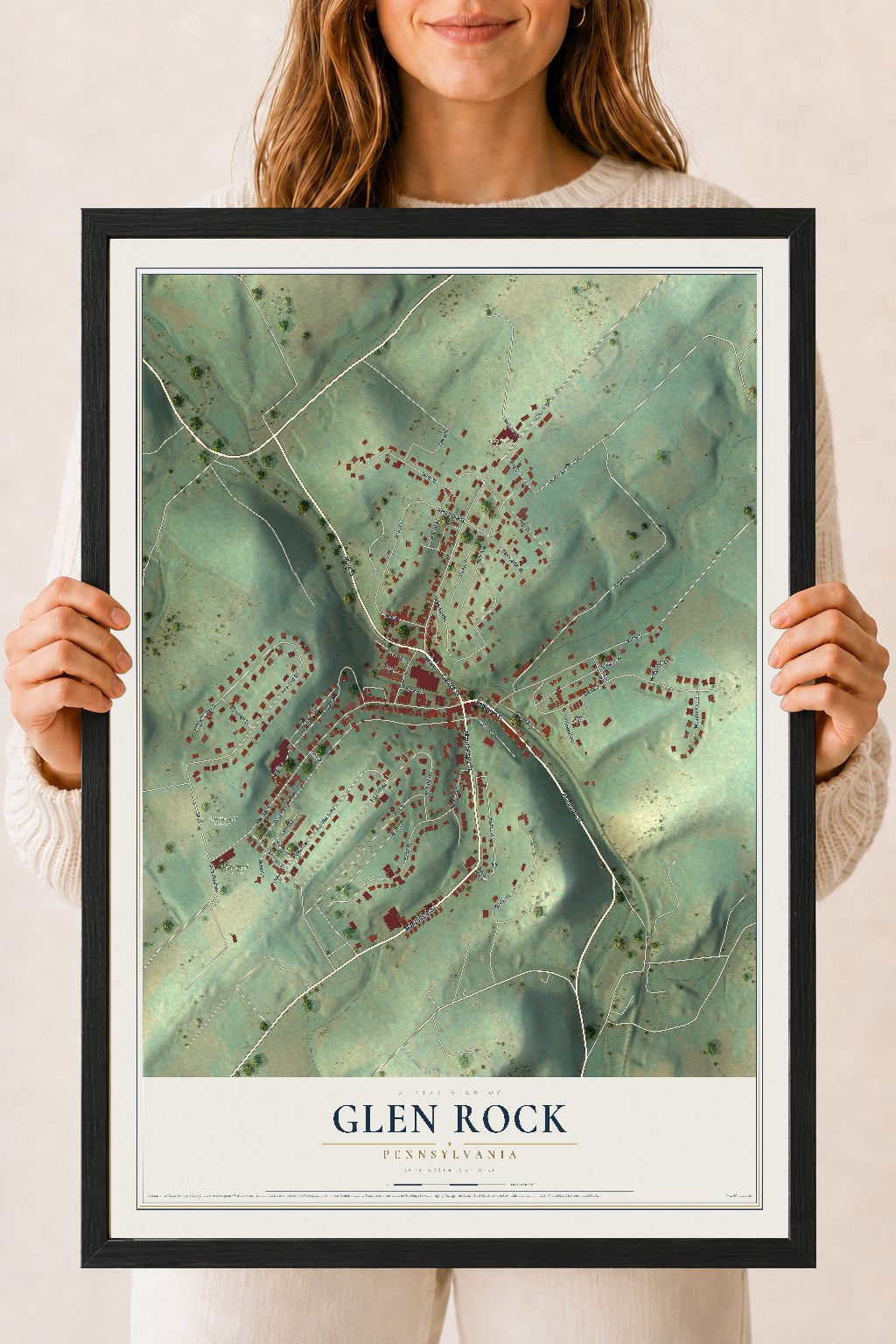 Map of Glen Rock, Pennsylvania, 18 x 24 inch print in a black wood frame