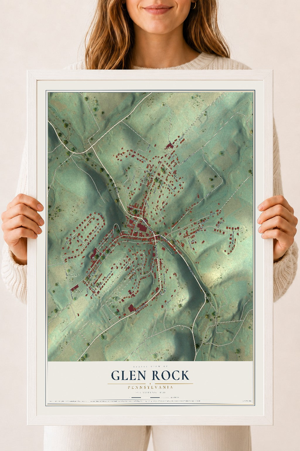 Map of Glen Rock, Pennsylvania, 18 x 24 inch print in a white wood frame