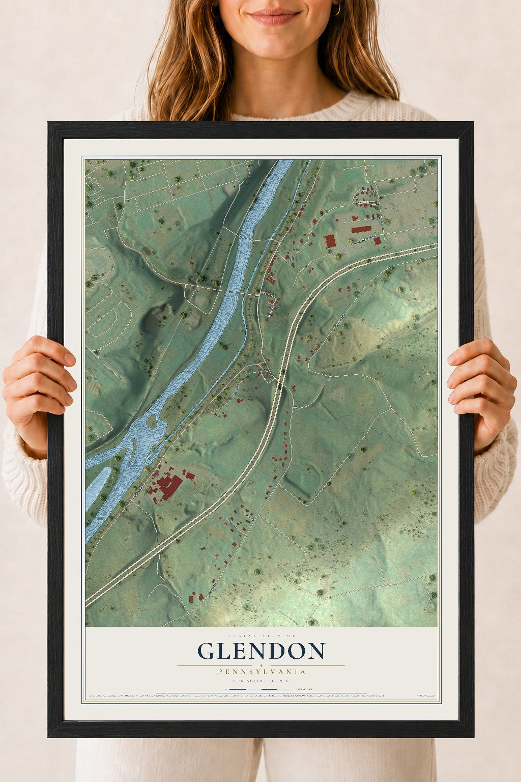 Map of Glendon, Pennsylvania, 18 x 24 inch print in a black wood frame