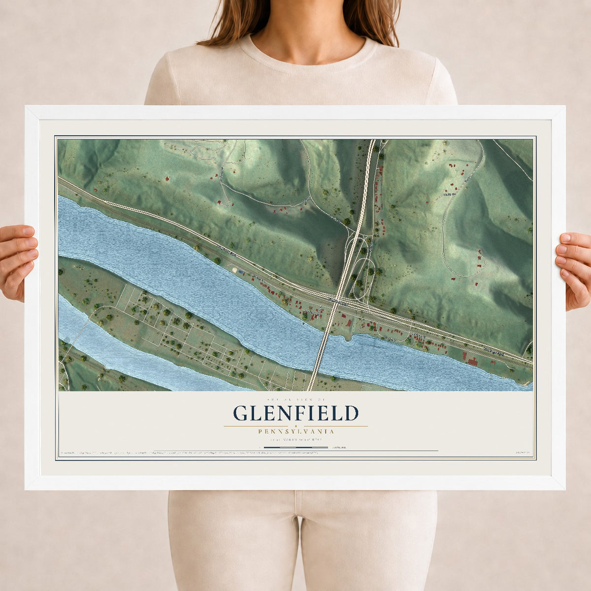Map of Glenfield, Pennsylvania, 18 x 24 inch print in a white wood frame
