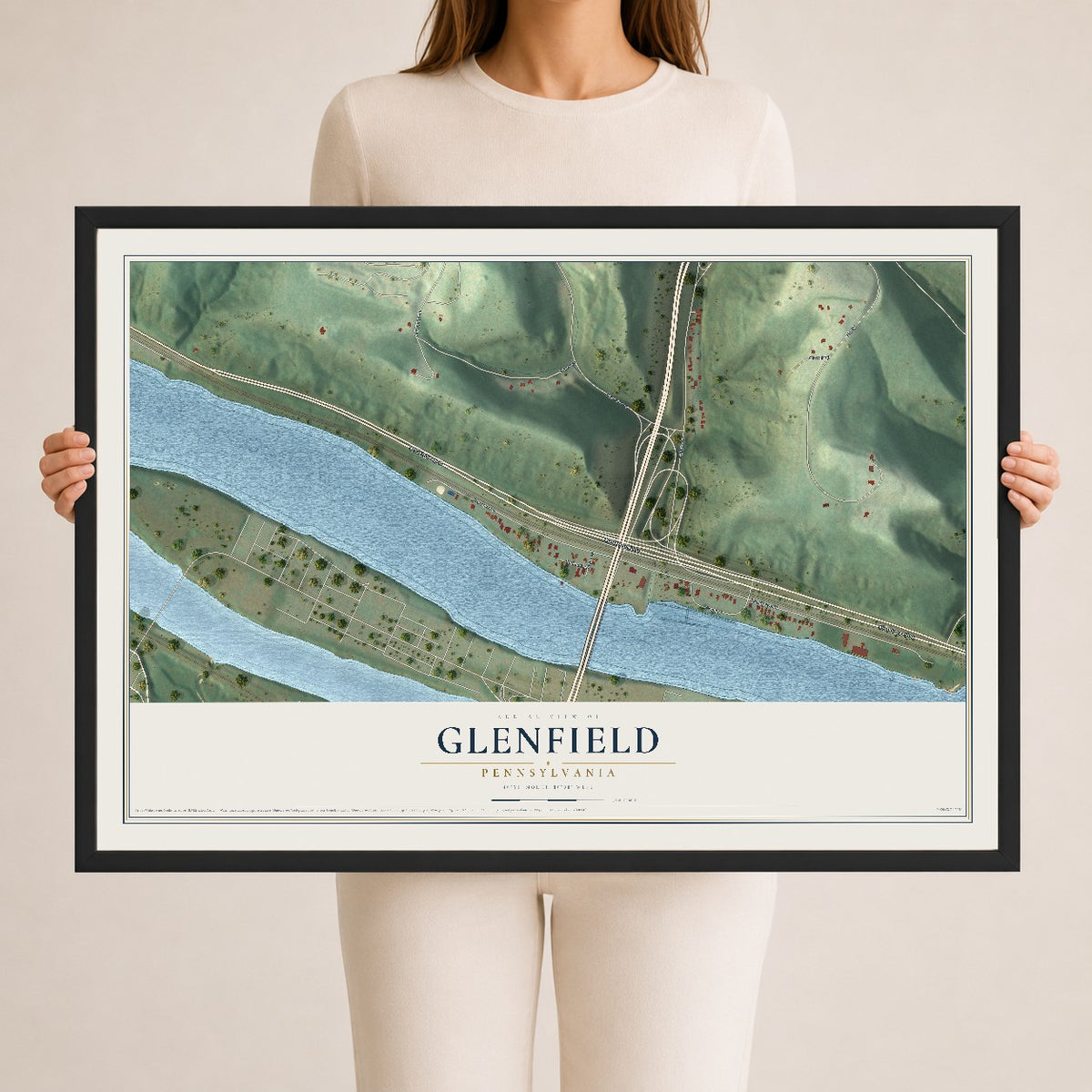 Map of Glenfield, Pennsylvania, 24 x 36 inch print in a black wood frame