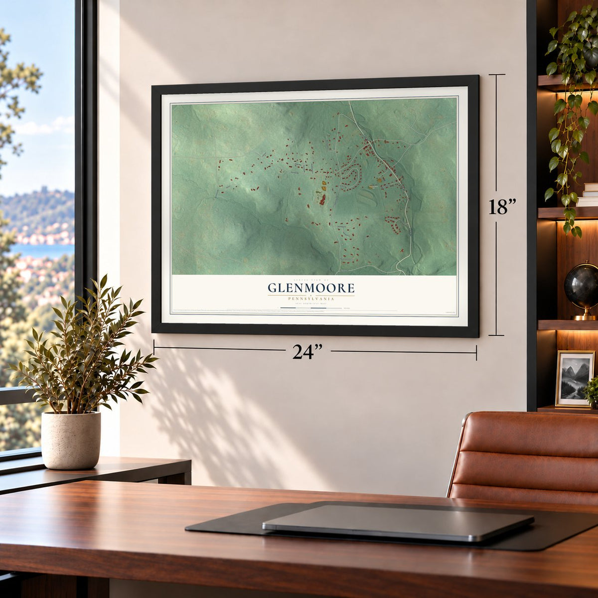 Glenmoore, Pennsylvania map, 18 x 24 inch print in a black frame in a home office