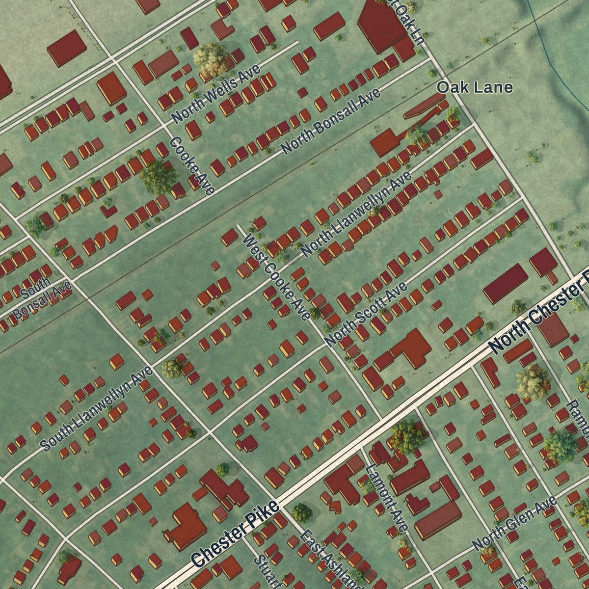 Close-up of the map of Glenolden, Pennsylvania print showing street and building detail