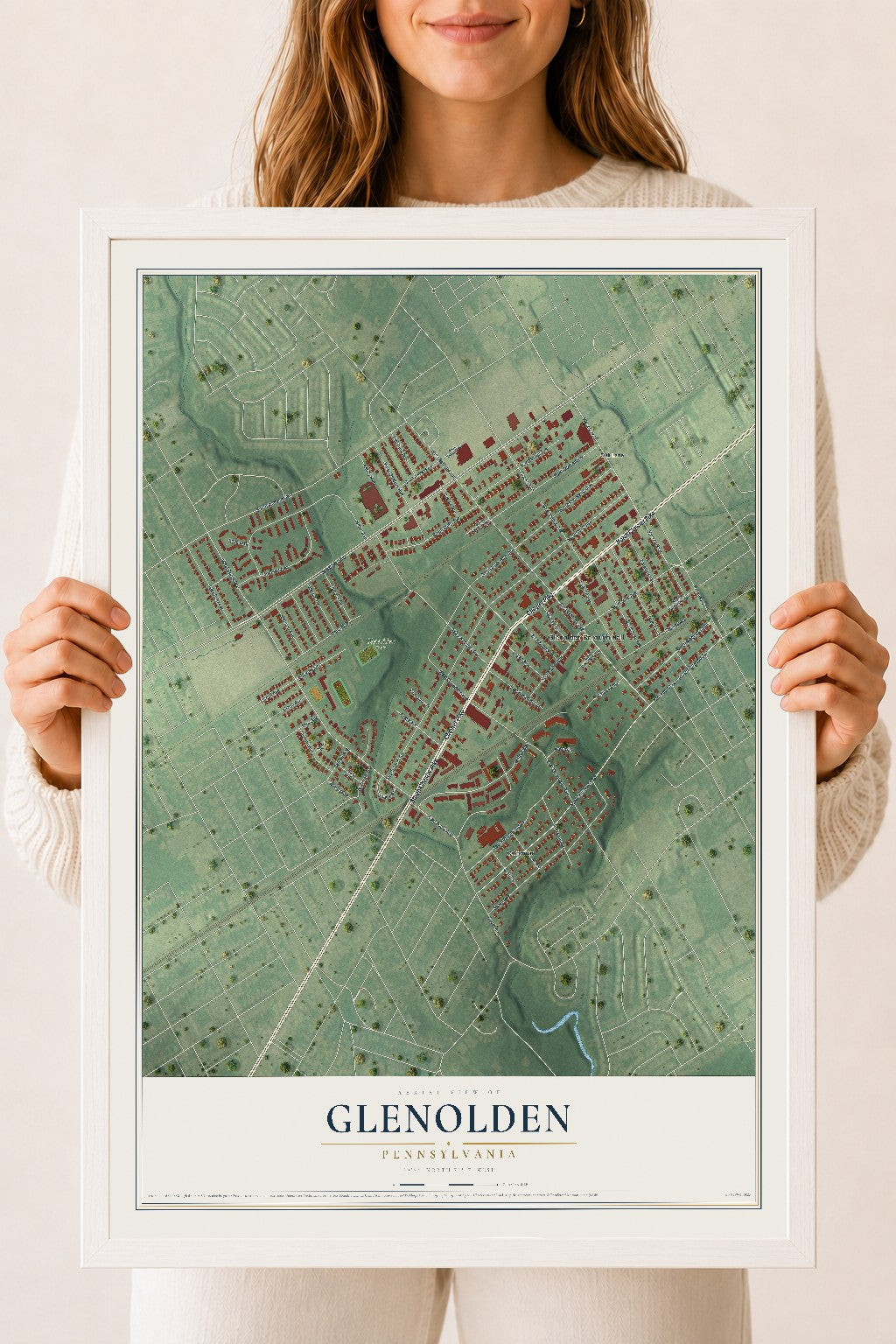 Map of Glenolden, Pennsylvania, 18 x 24 inch print in a white wood frame