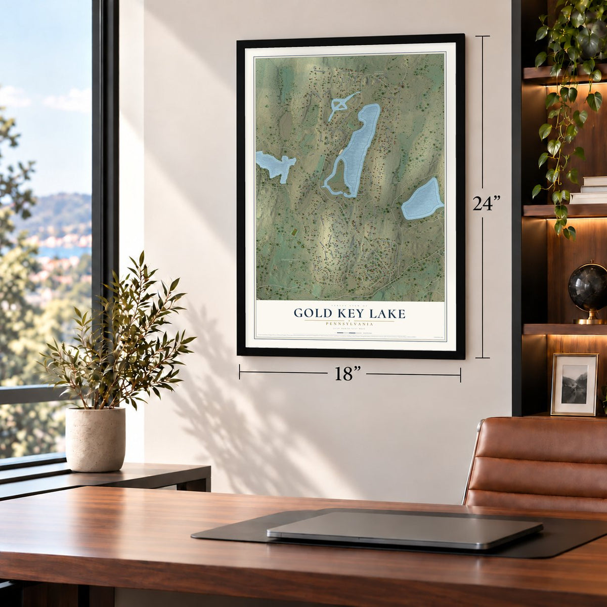 Gold Key Lake, Pennsylvania map, 18 x 24 inch print in a black frame in a home office