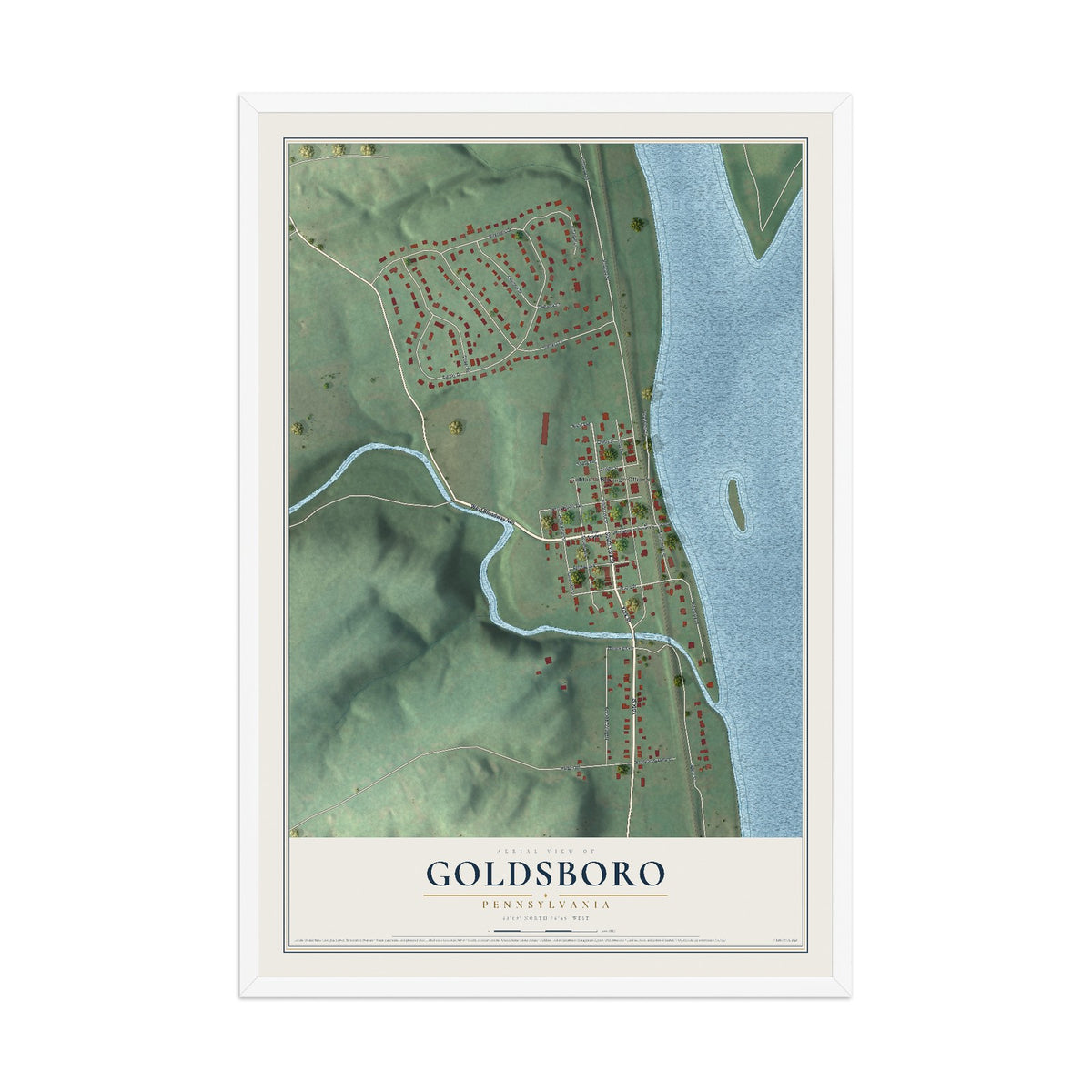 Map of Goldsboro, Pennsylvania, 12 x 18 inch print in a white wood frame
