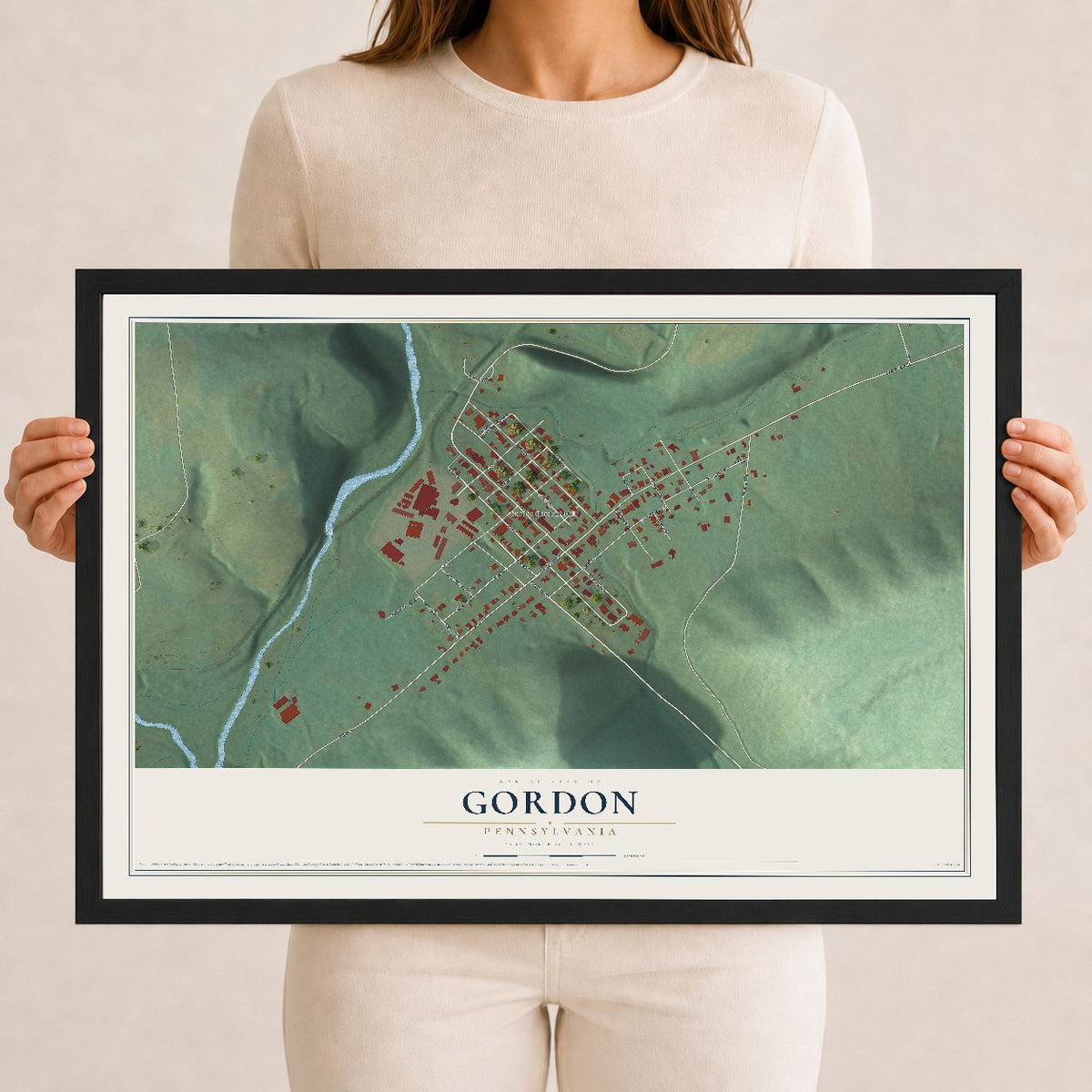 Map of Gordon, Pennsylvania, 12 x 18 inch print in a black wood frame