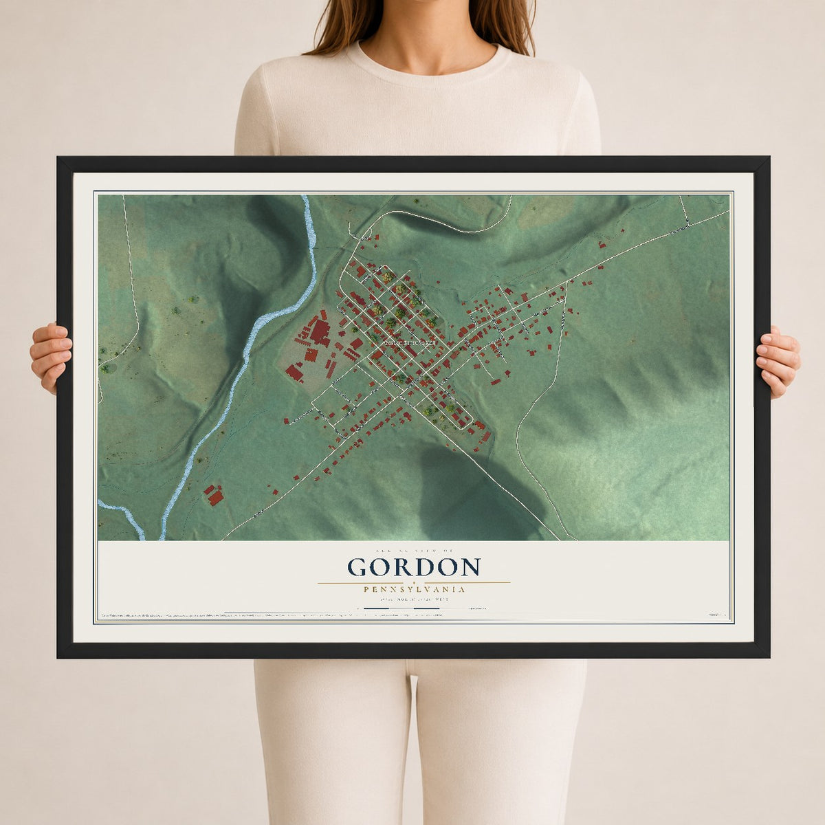 Map of Gordon, Pennsylvania, 24 x 36 inch print in a black wood frame