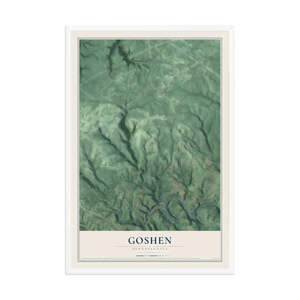 Map of Goshen, Pennsylvania, 12 x 18 inch print in a white wood frame