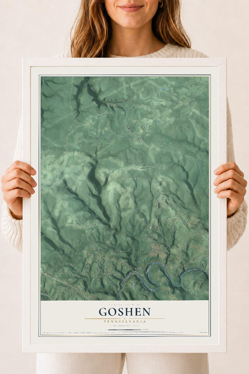 Map of Goshen, Pennsylvania, 18 x 24 inch print in a white wood frame