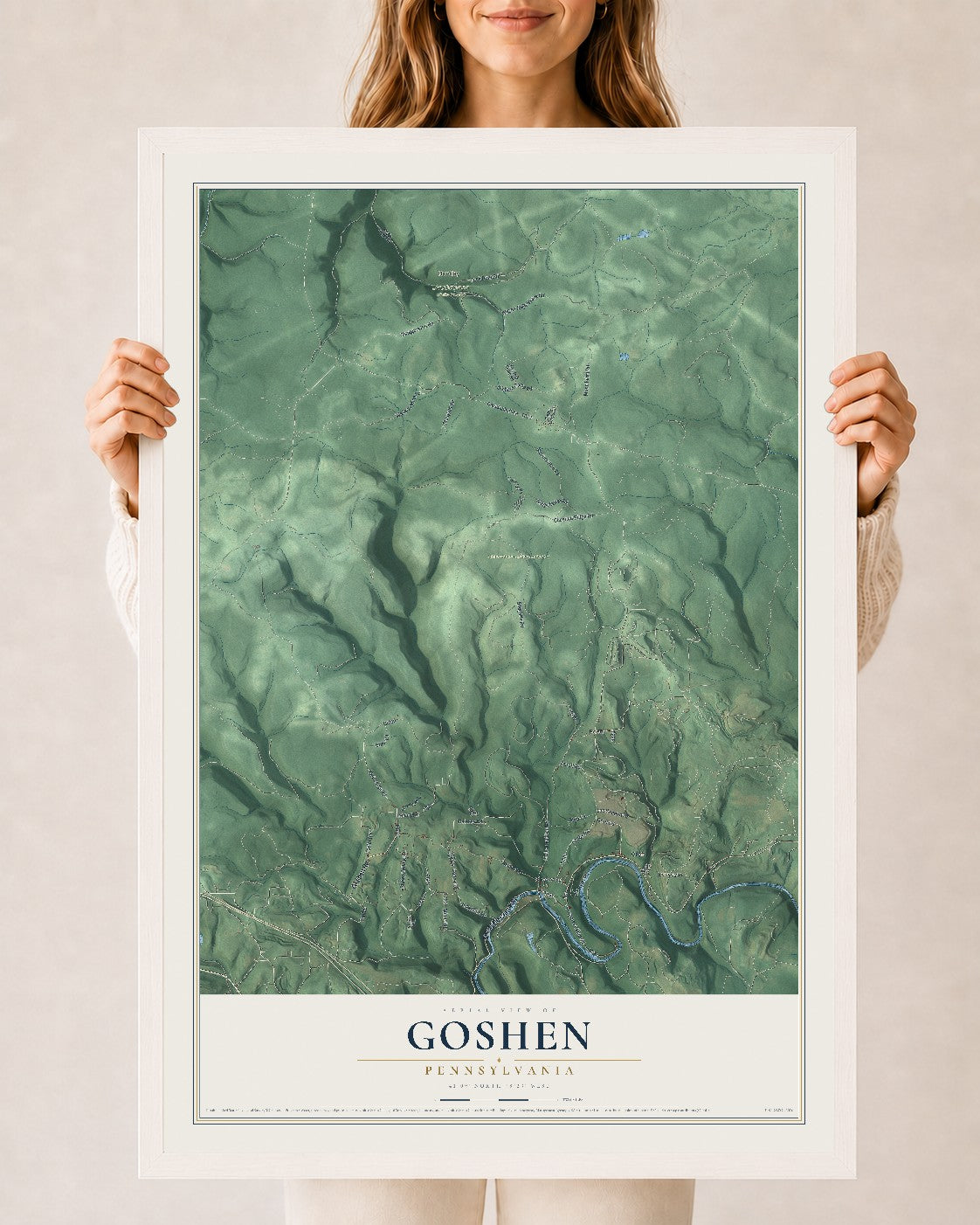 Map of Goshen, Pennsylvania, 24 x 36 inch print in a white wood frame