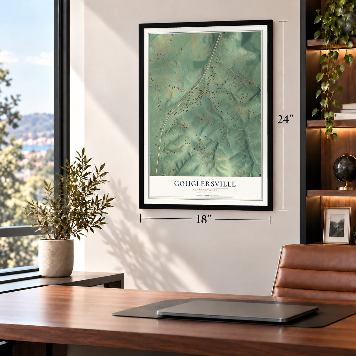 Gouglersville, Pennsylvania map, 18 x 24 inch print in a black frame in a home office