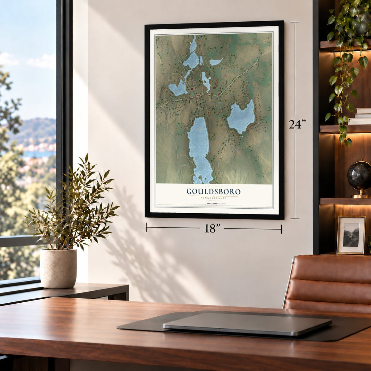 Gouldsboro, Pennsylvania map, 18 x 24 inch print in a black frame in a home office