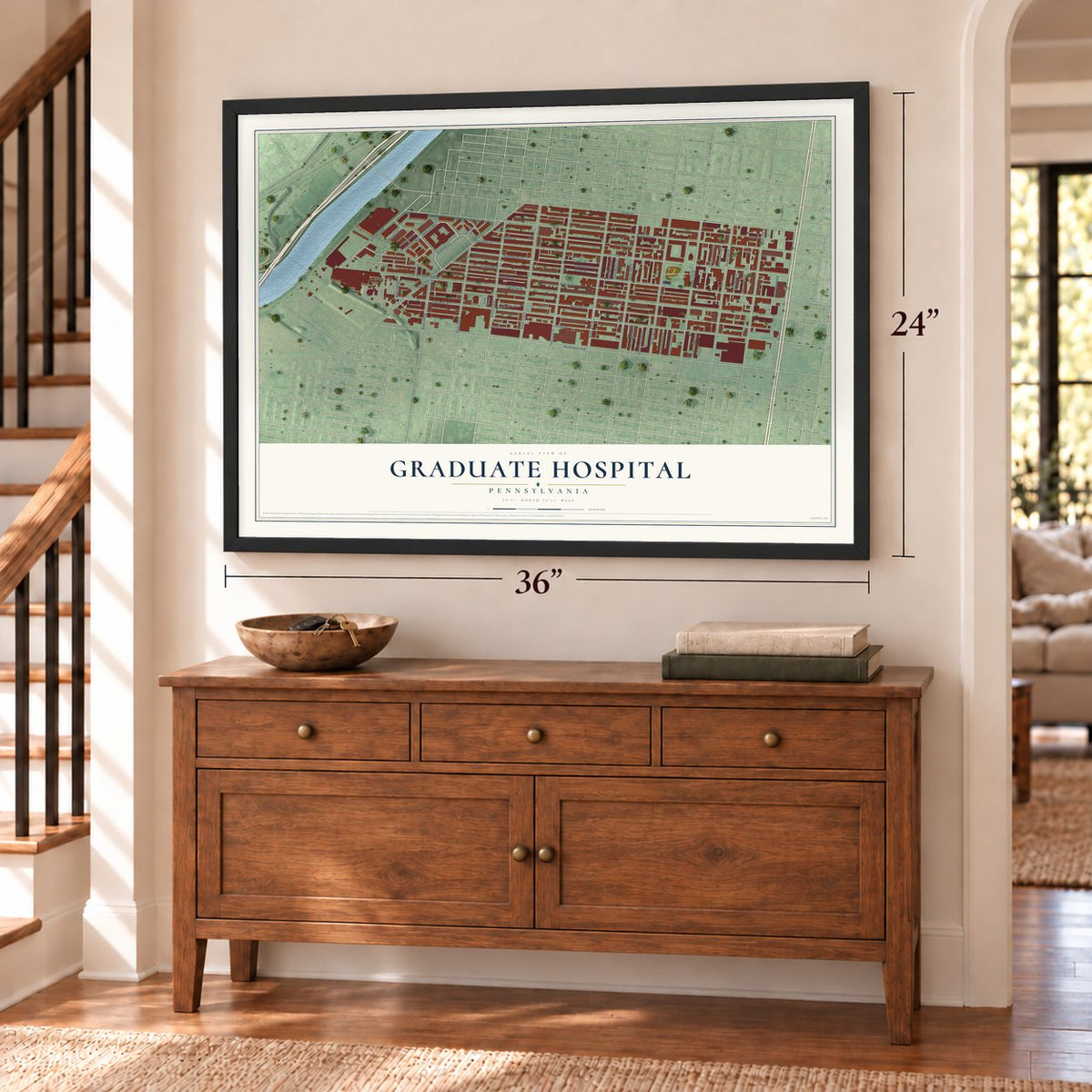 Graduate Hospital, Pennsylvania map, 24 x 36 inch print in a black frame above a dresser by a staircase