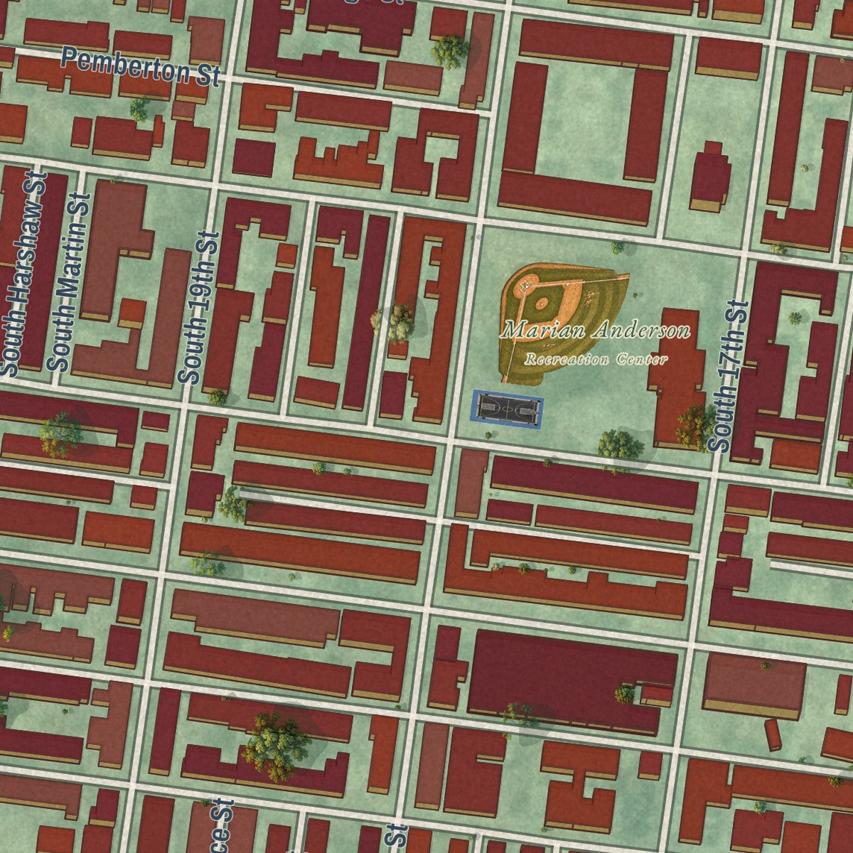 Close-up of the map of Graduate Hospital, Pennsylvania print showing street and building detail