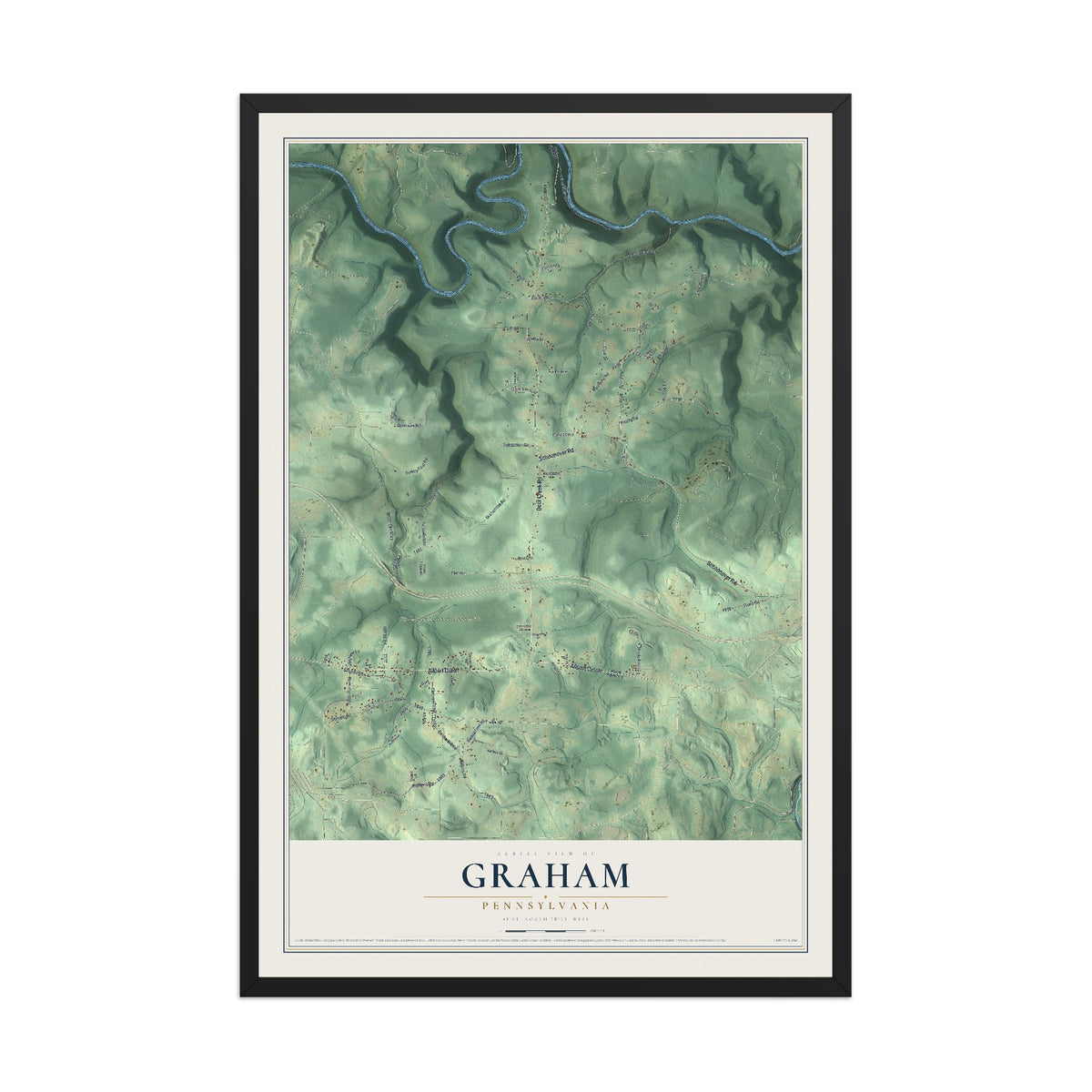 Map of Graham, Pennsylvania, 12 x 18 inch print in a black wood frame