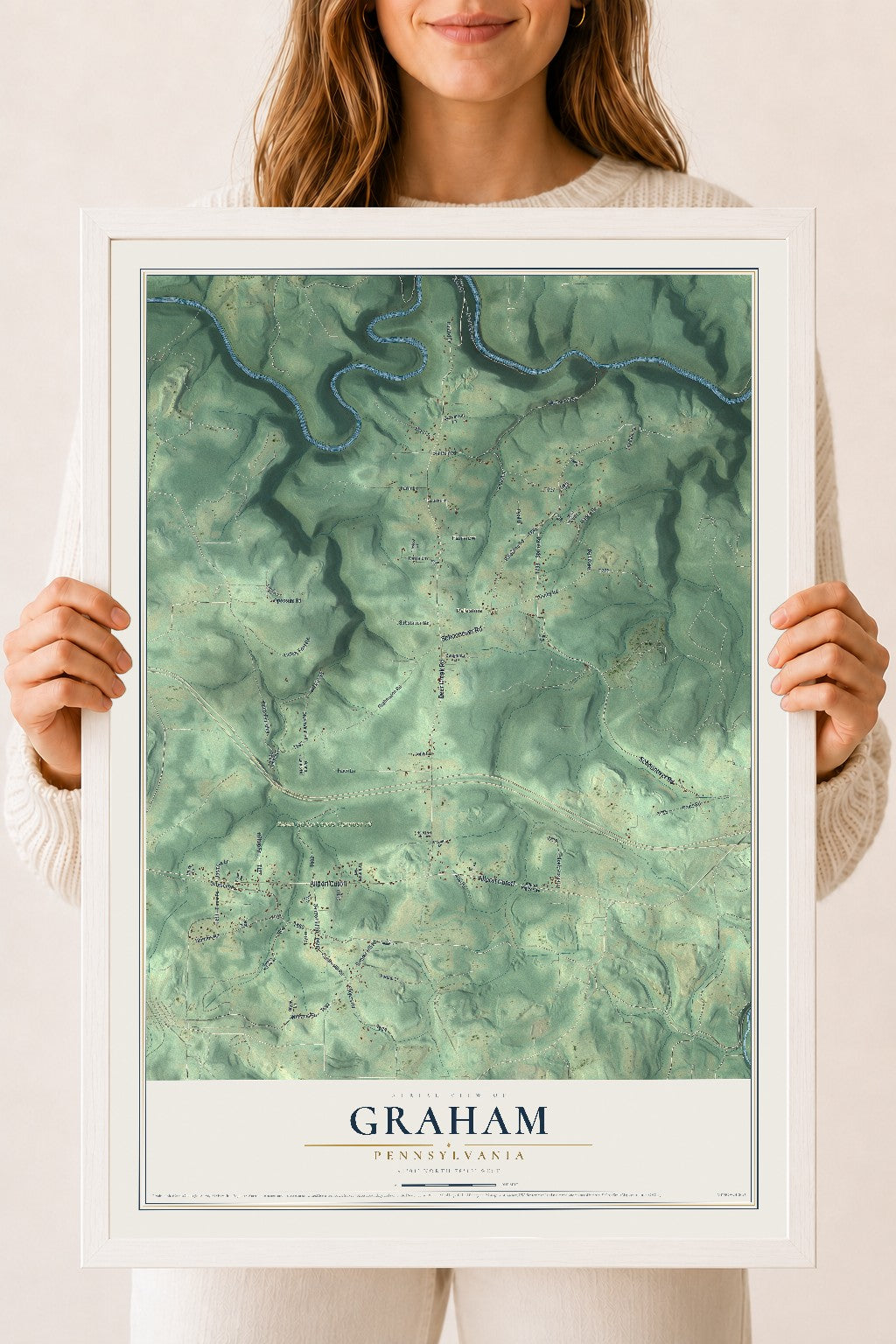 Map of Graham, Pennsylvania, 18 x 24 inch print in a white wood frame