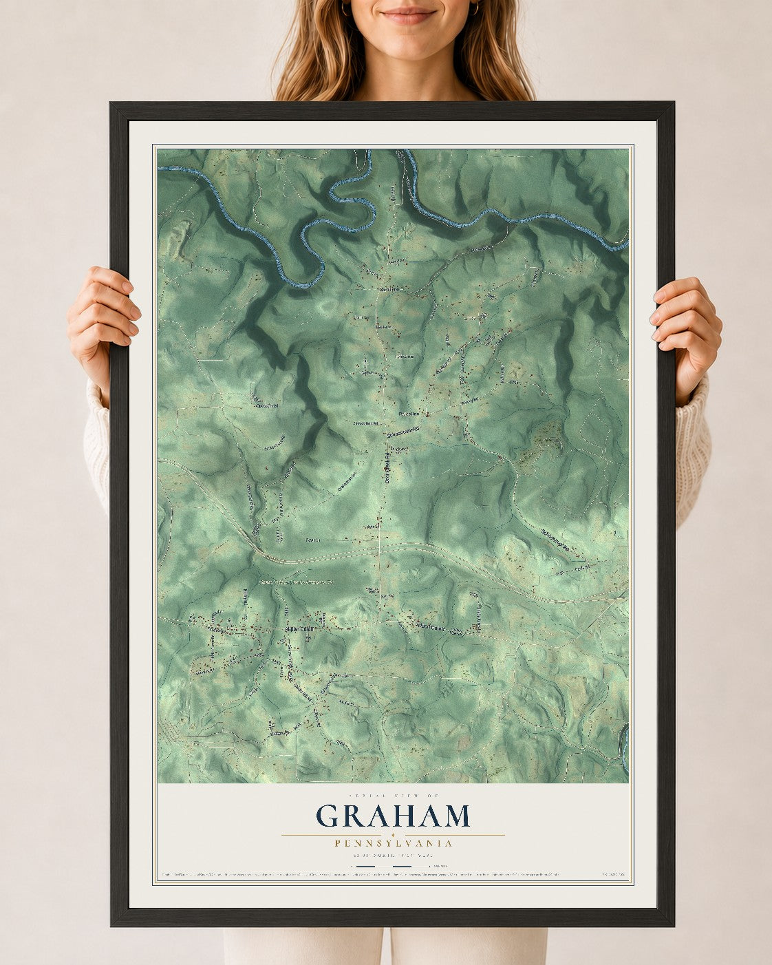 Map of Graham, Pennsylvania, 24 x 36 inch print in a black wood frame