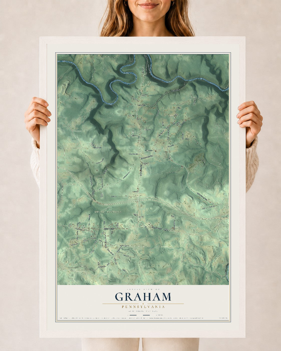 Map of Graham, Pennsylvania, 24 x 36 inch print in a white wood frame