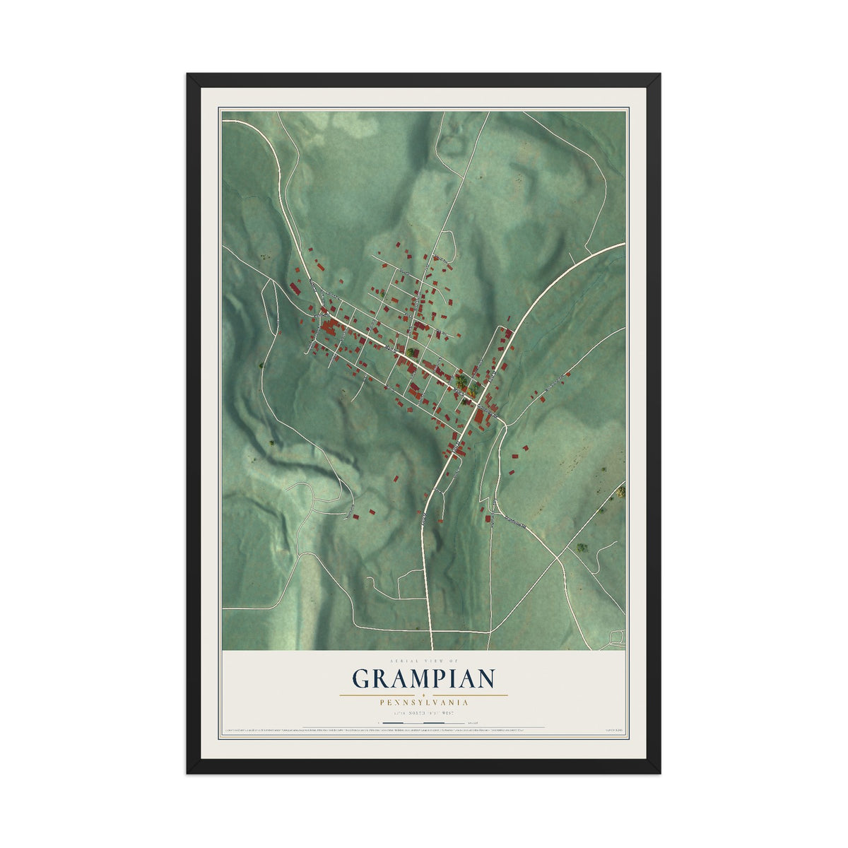 Map of Grampian, Pennsylvania, 12 x 18 inch print in a black wood frame