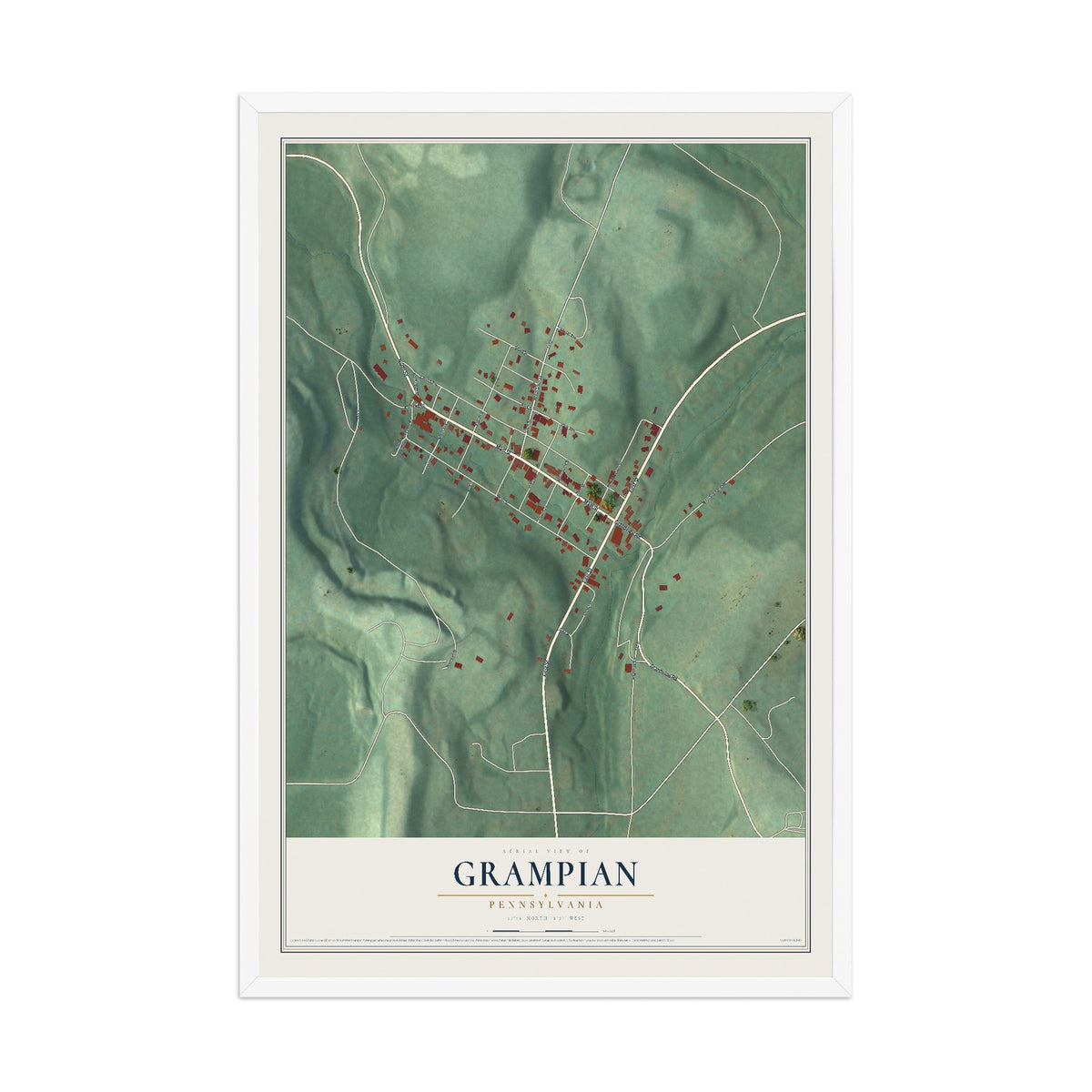 Map of Grampian, Pennsylvania, 12 x 18 inch print in a white wood frame