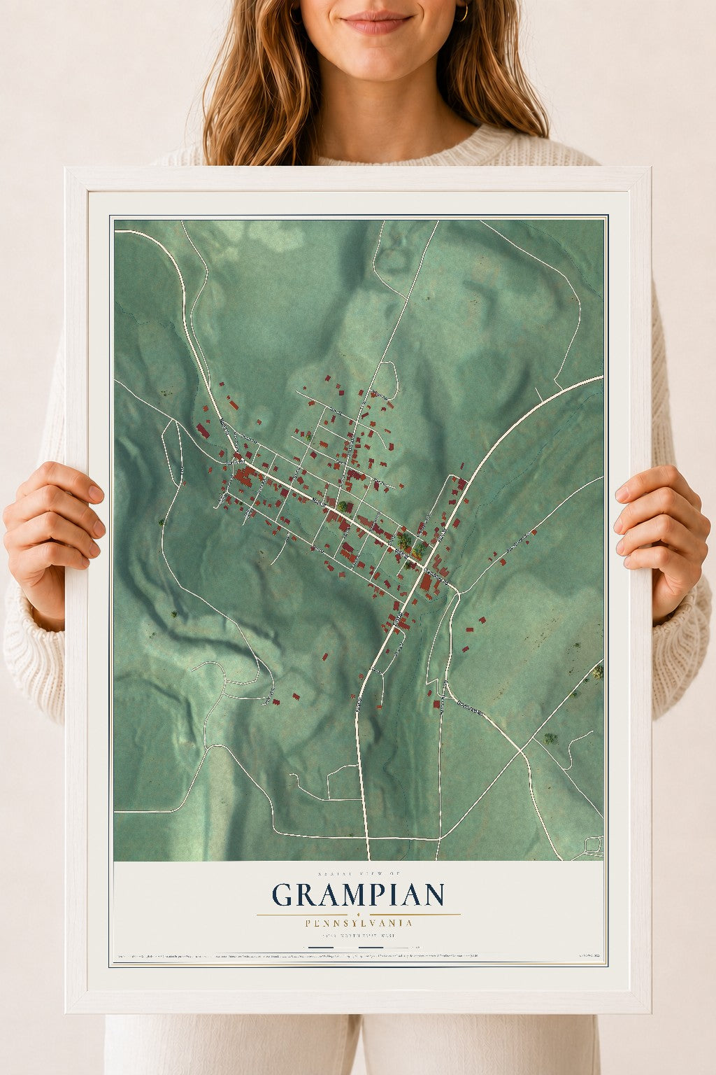 Map of Grampian, Pennsylvania, 18 x 24 inch print in a white wood frame