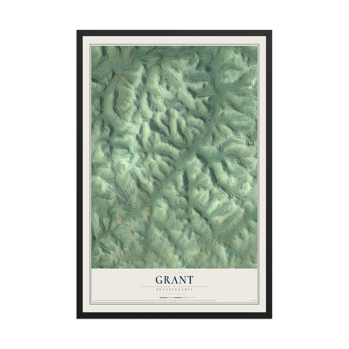 Map of Grant, Pennsylvania, 12 x 18 inch print in a black wood frame