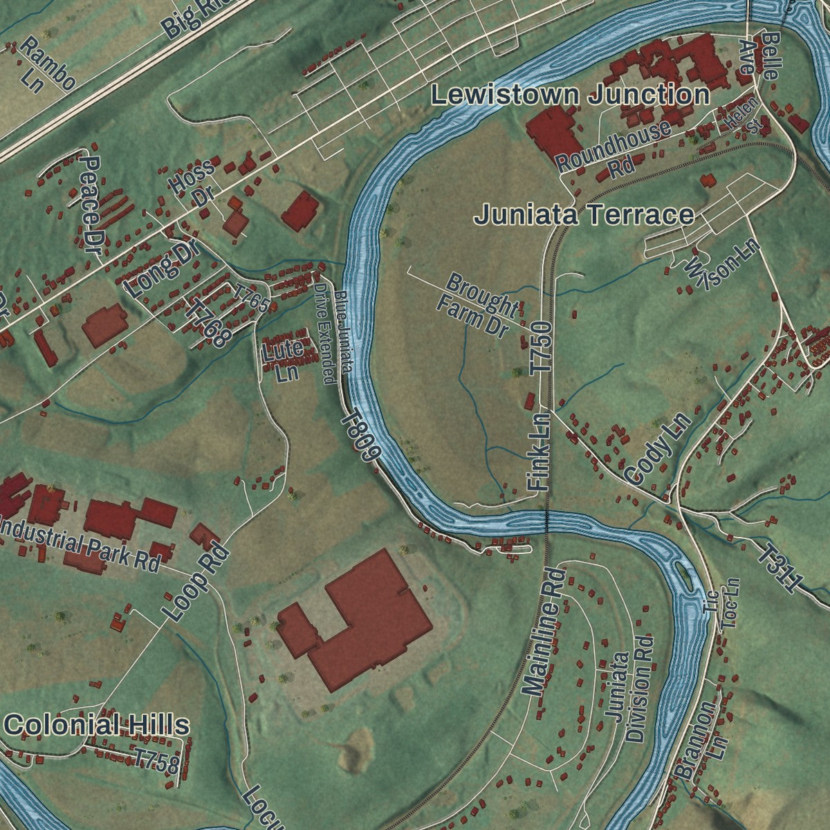 Close-up of the map of Granville, Mifflin County, Pennsylvania print showing street and building detail