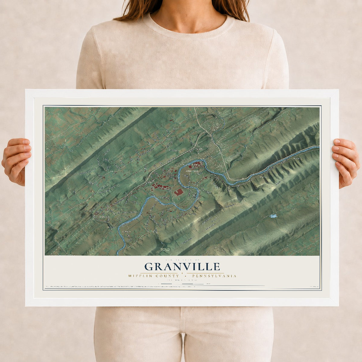 Map of Granville, Mifflin County, Pennsylvania, 12 x 18 inch print in a white wood frame