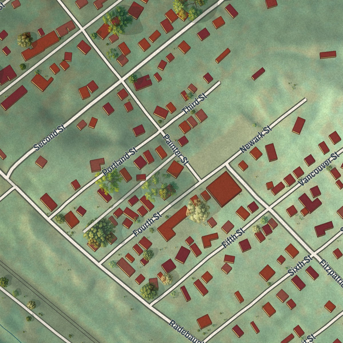 Close-up of the map of Grapeville, Pennsylvania print showing street and building detail