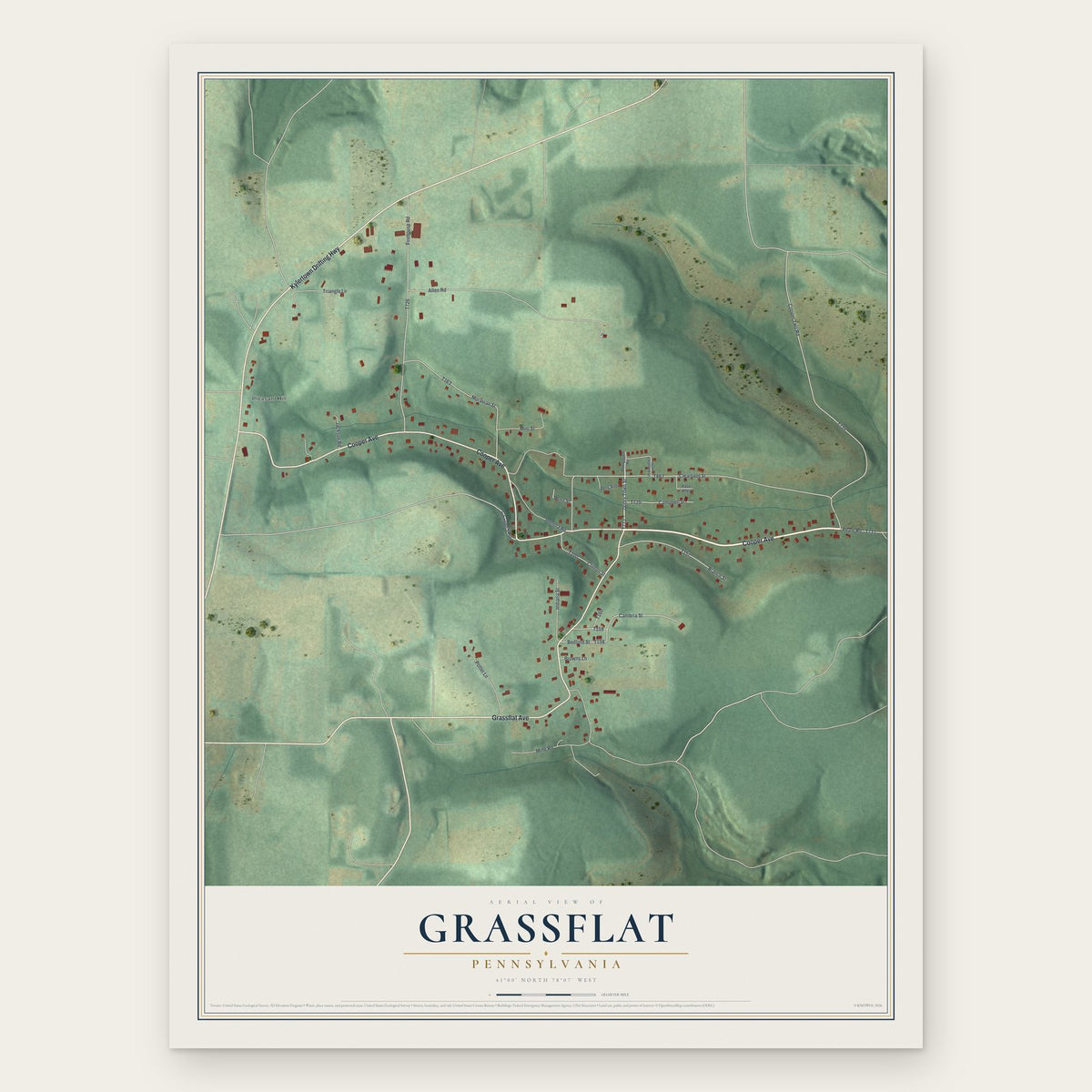 Grassflat, Pennsylvania map print, the full design