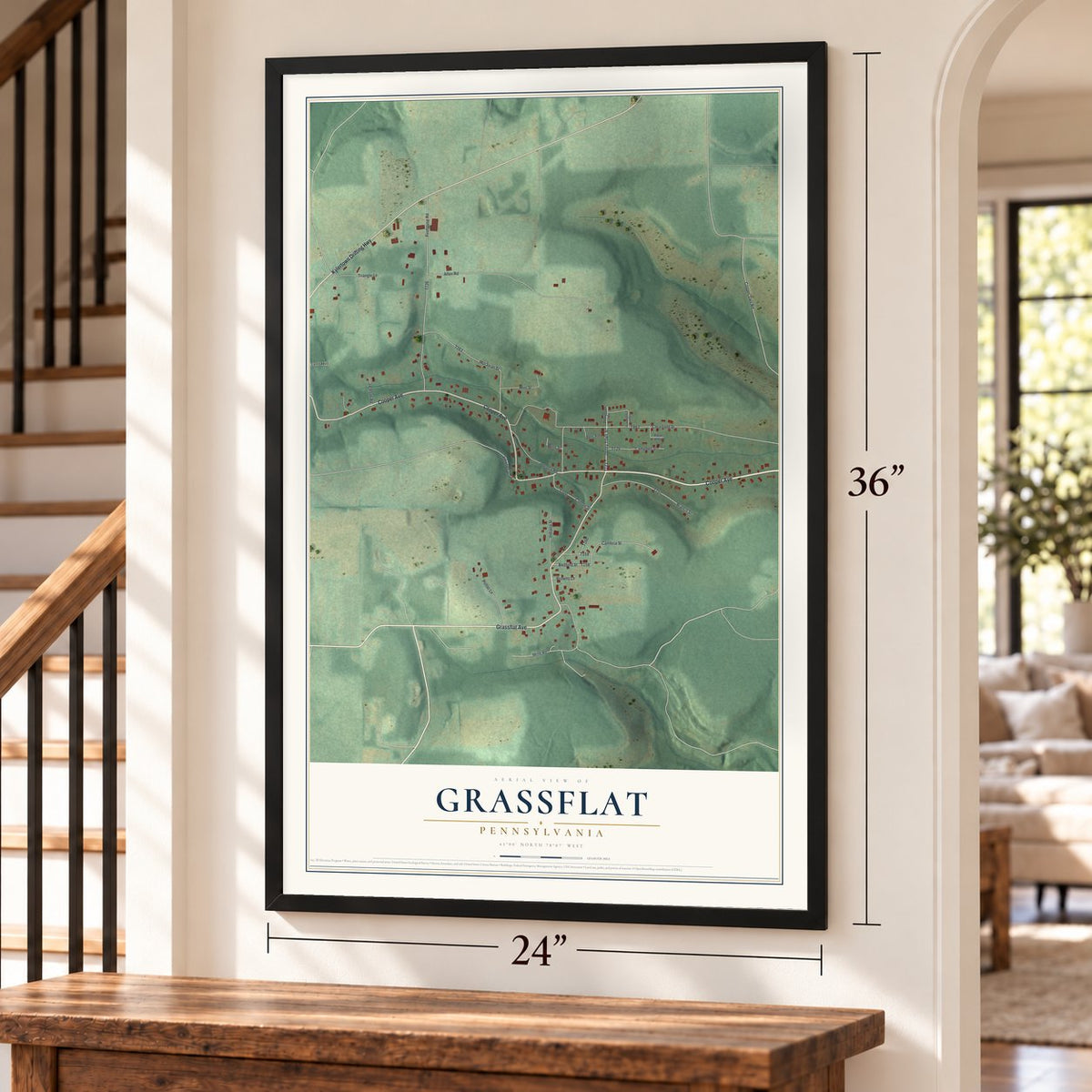 Grassflat, Pennsylvania map, 24 x 36 inch print in a black frame by a staircase