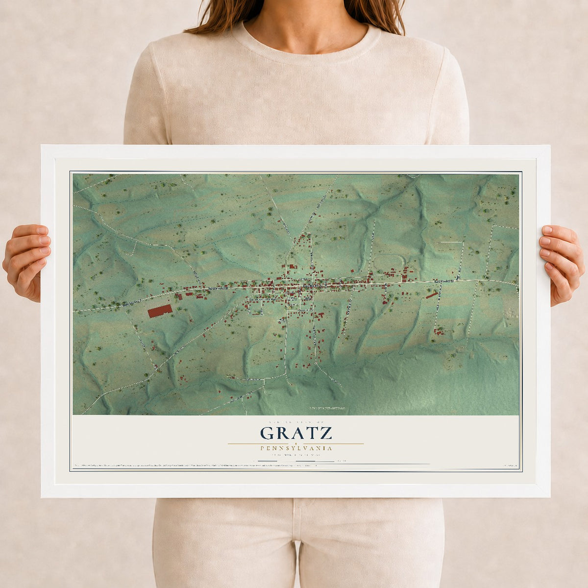 Map of Gratz, Pennsylvania, 12 x 18 inch print in a white wood frame