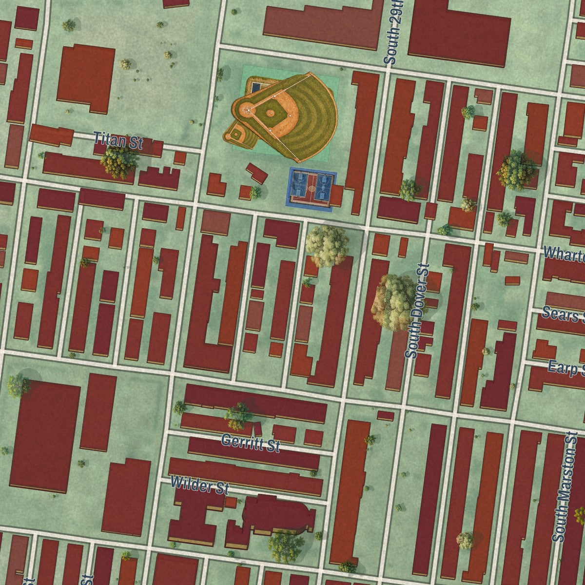 Close-up of the map of Grays Ferry, Pennsylvania print showing street and building detail