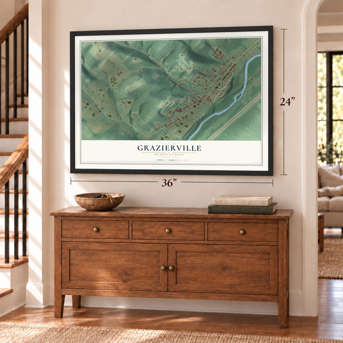 Grazierville, Pennsylvania map, 24 x 36 inch print in a black frame above a dresser by a staircase