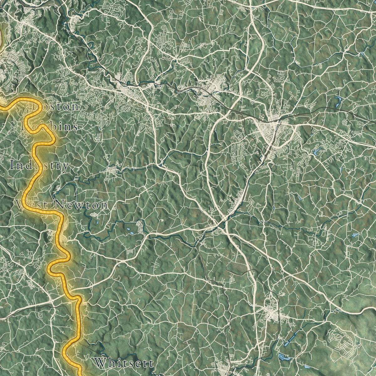 Close-up of the map of Great Allegheny Passage, Pennsylvania print showing street and building detail