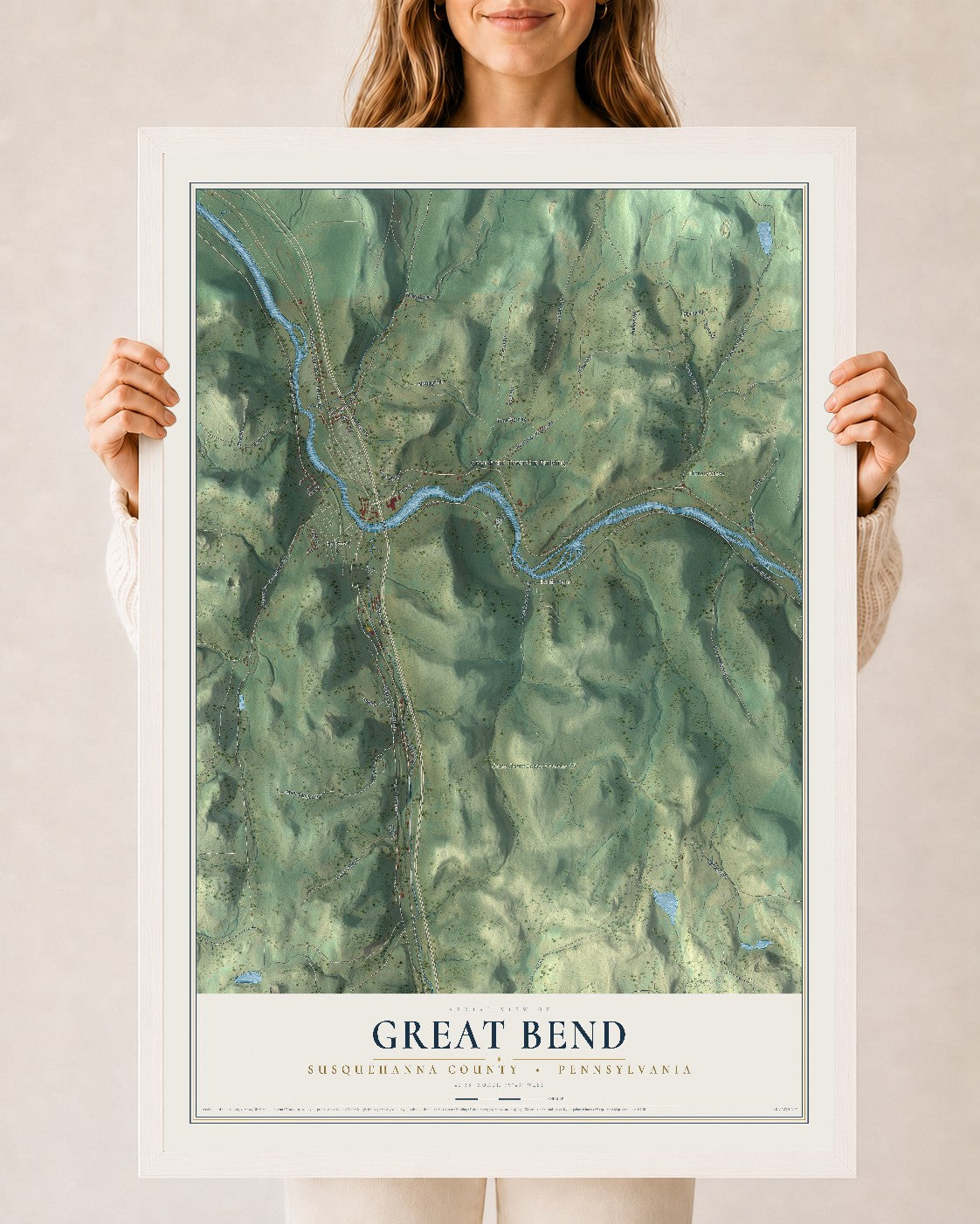 Map of Great Bend, Susquehanna County, Pennsylvania, 24 x 36 inch print in a white wood frame