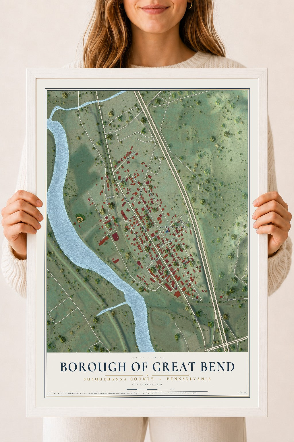 Map of the Borough of Great Bend, Susquehanna County, Pennsylvania, 18 x 24 inch print in a white wood frame