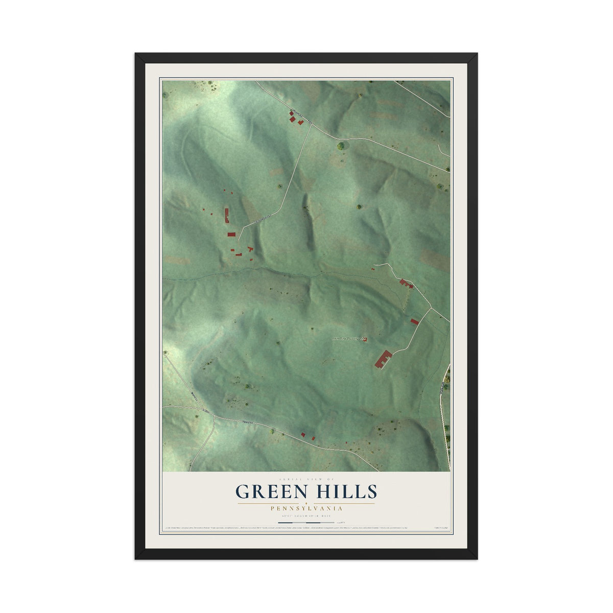 Map of Green Hills, Pennsylvania, 12 x 18 inch print in a black wood frame