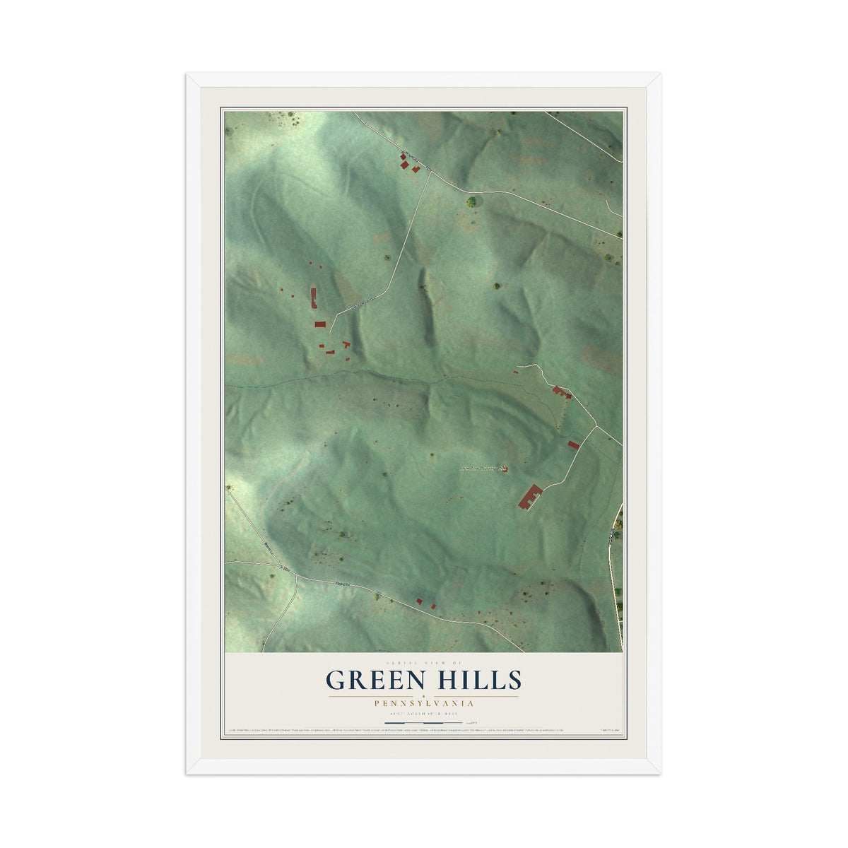 Map of Green Hills, Pennsylvania, 12 x 18 inch print in a white wood frame