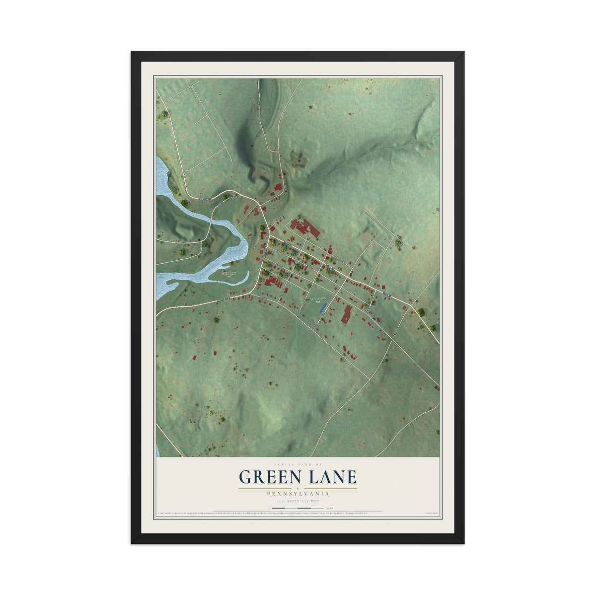 Map of Green Lane, Pennsylvania, 12 x 18 inch print in a black wood frame