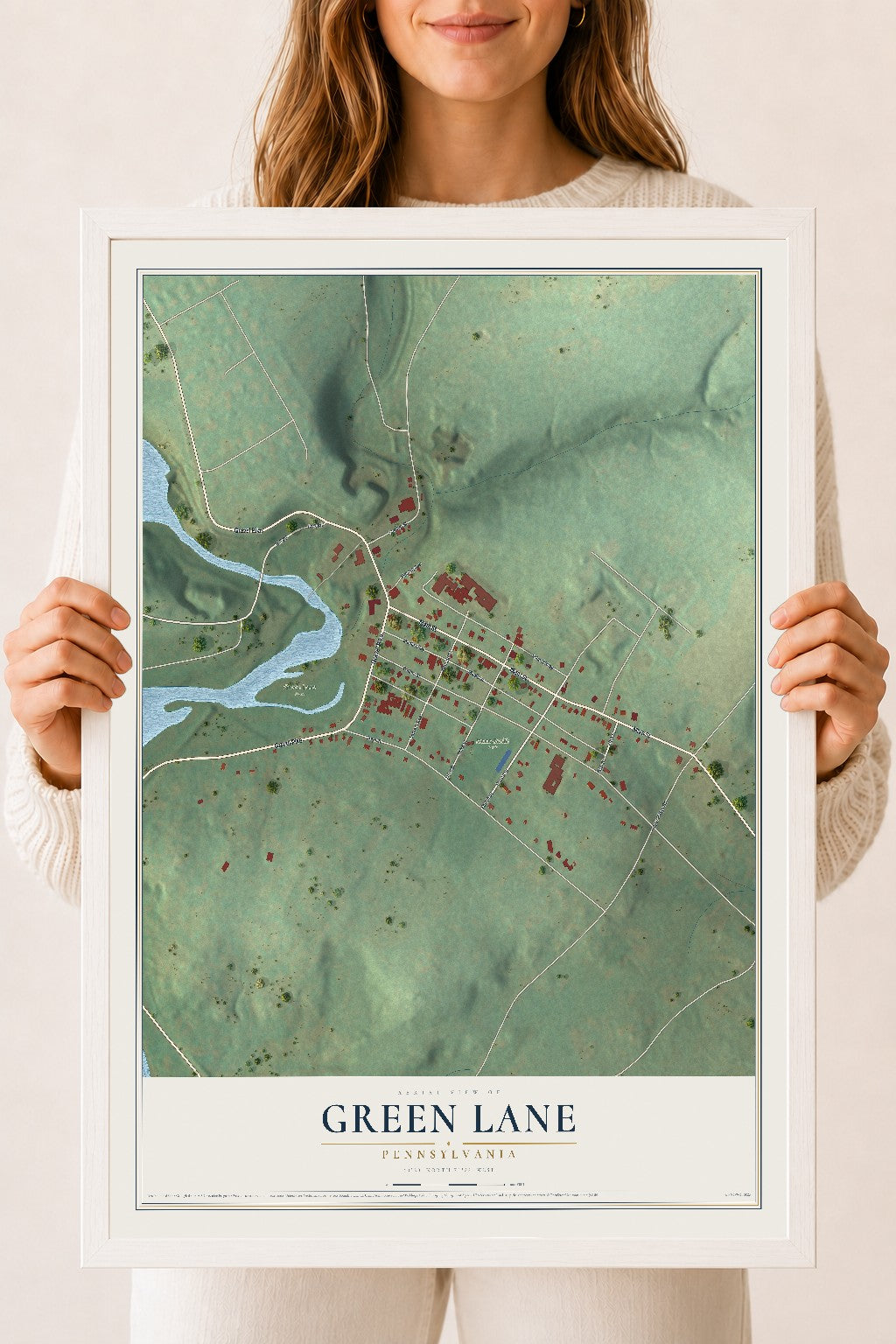 Map of Green Lane, Pennsylvania, 18 x 24 inch print in a white wood frame