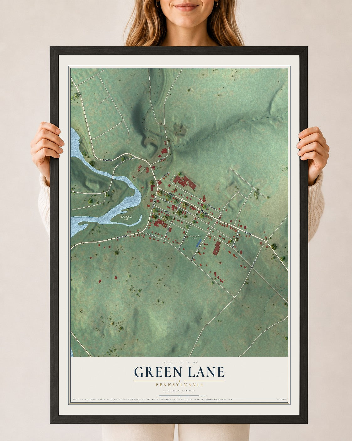 Map of Green Lane, Pennsylvania, 24 x 36 inch print in a black wood frame