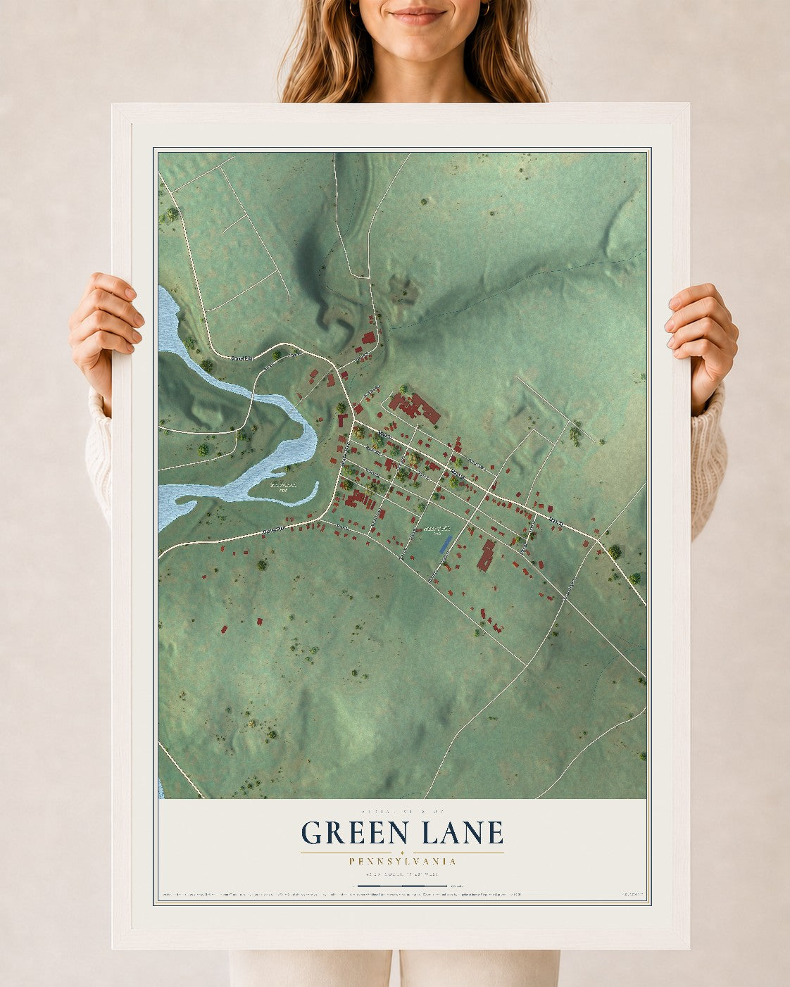 Map of Green Lane, Pennsylvania, 24 x 36 inch print in a white wood frame