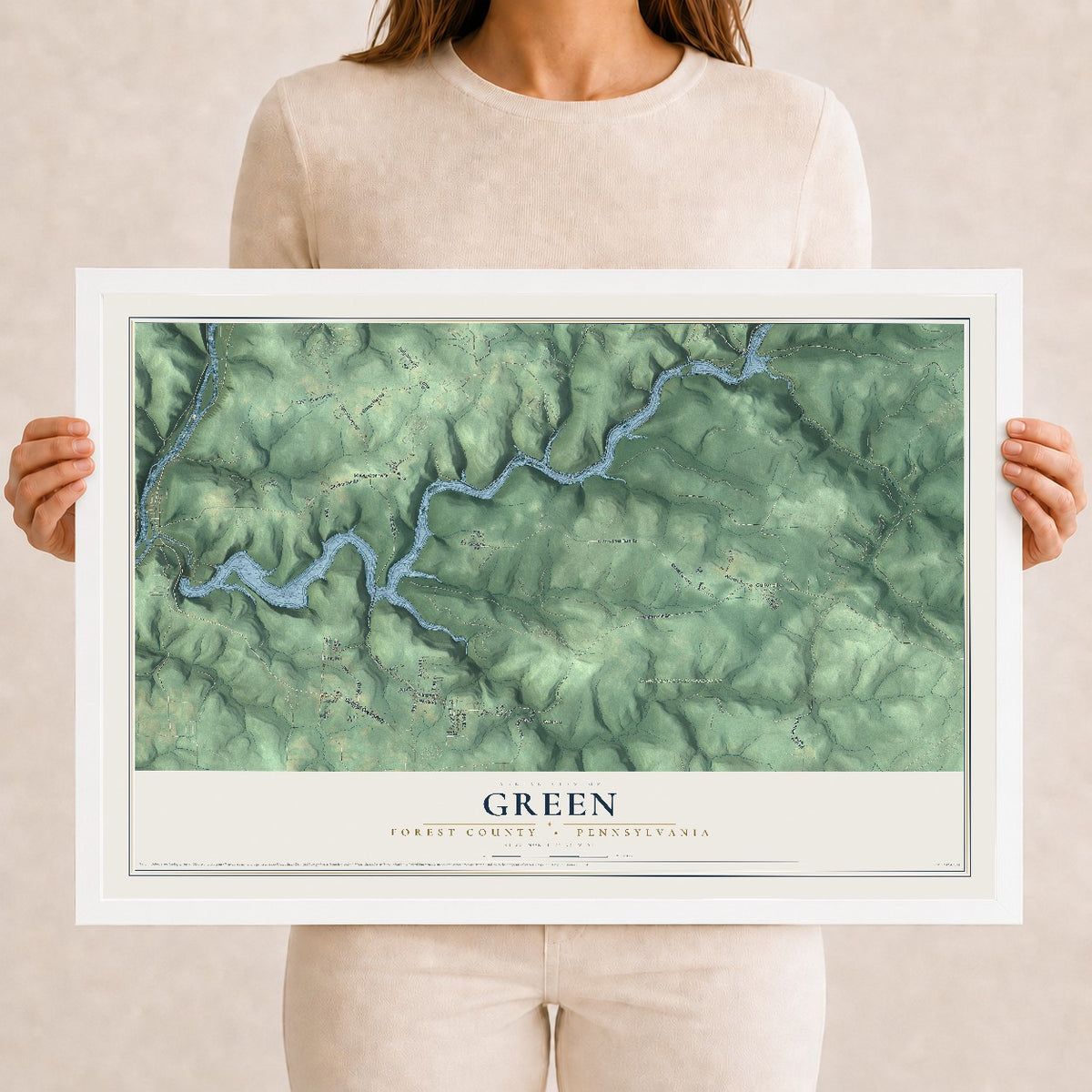 Map of Green, Forest County, Pennsylvania, 12 x 18 inch print in a white wood frame