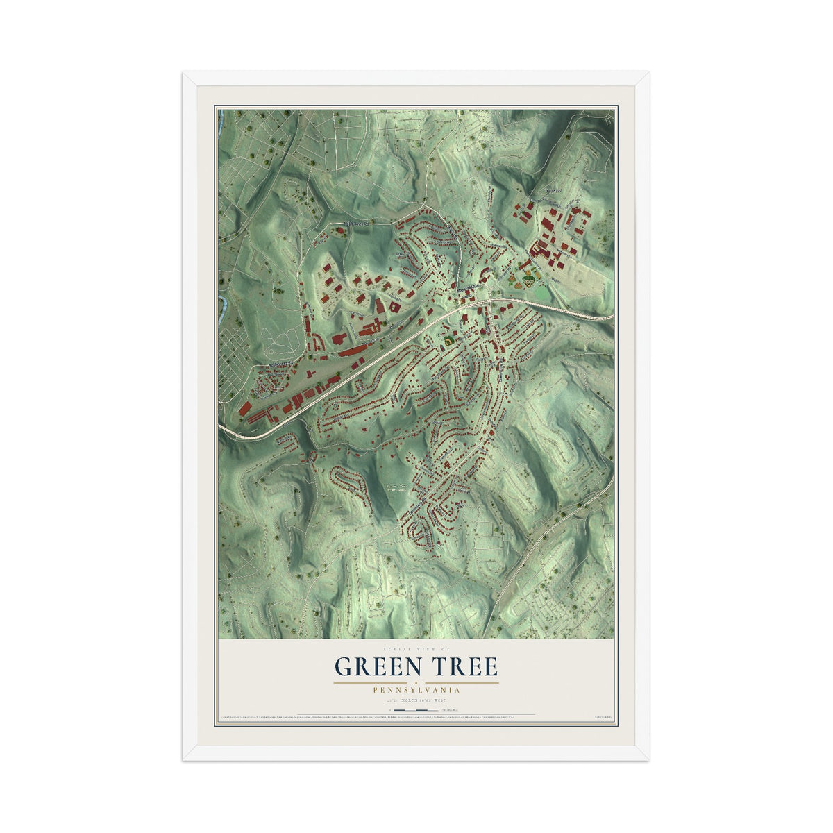 Map of Green Tree, Pennsylvania, 12 x 18 inch print in a white wood frame