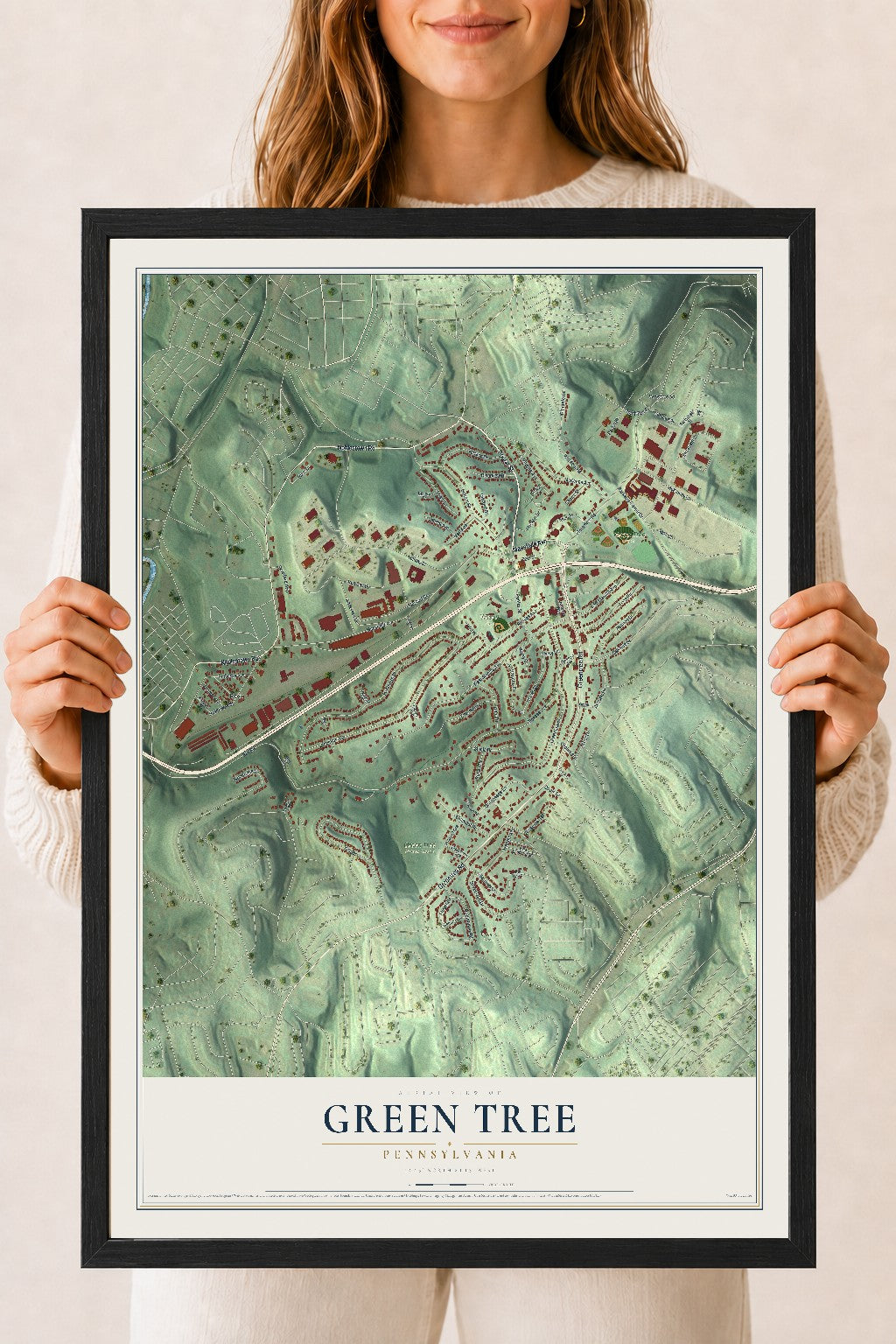 Map of Green Tree, Pennsylvania, 18 x 24 inch print in a black wood frame